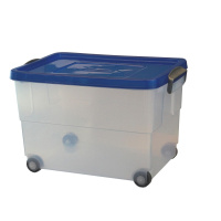 Denox - Caja transparente Eurobox 60 litros con ruedas y tapa azul.